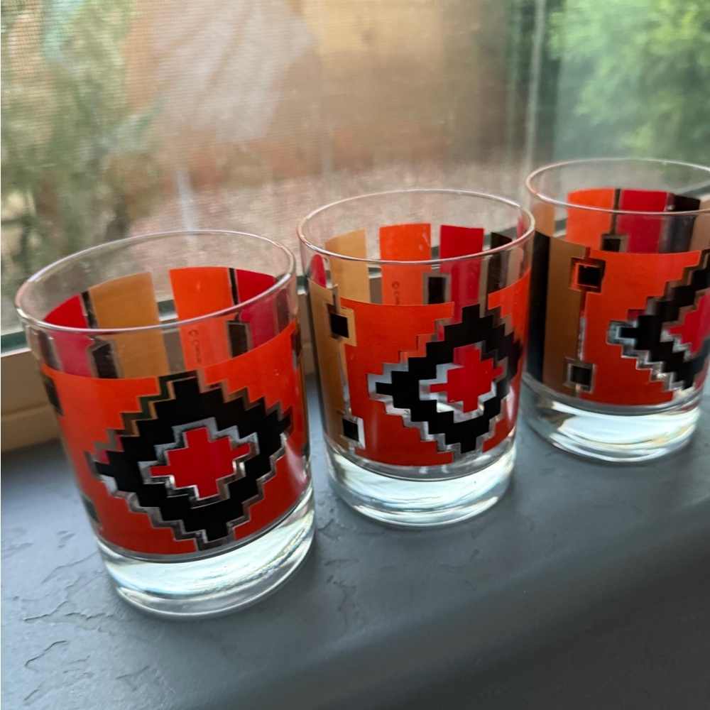 Couroc Rare Vintage Southwestern Style Lowball Drinks  3 Rocks Glasses Orange